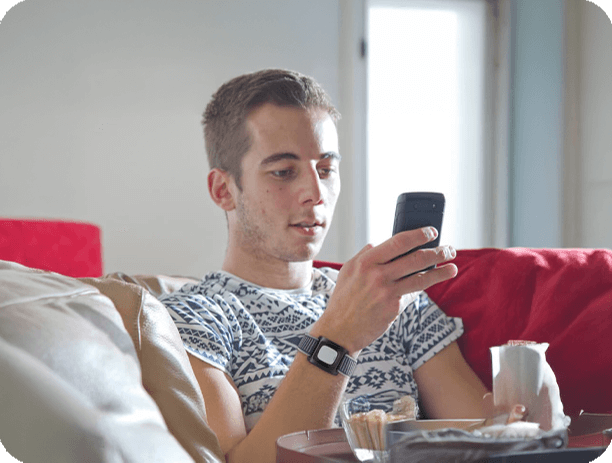 young man with fall alarm.
